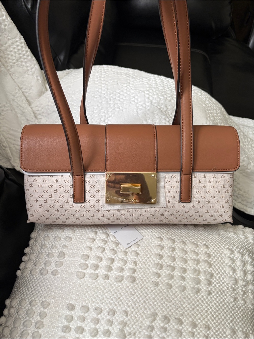 Calvin Klein Tan Leather-Trim Logo Shoulder Bag with Cream Logo Canvas